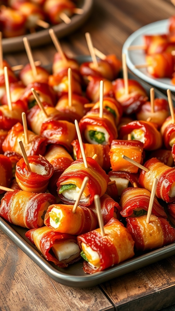 A delicious assortment of bacon-wrapped snacks with cheese and vegetables on a wooden platter.